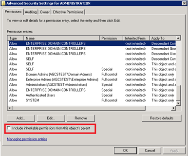 Advanced security settings for ADMINISTRATION OU - Admin Area (Tier0)